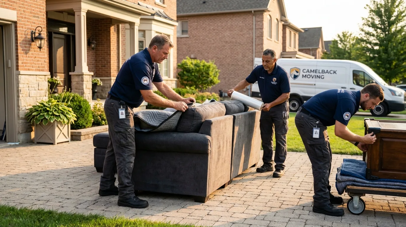 Large estate moving crew wrapping furniture in Byers, CO