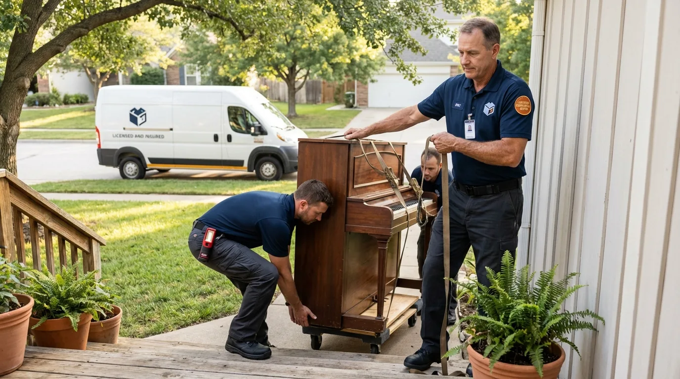 Licensed piano movers securing grand piano in Byers, CO