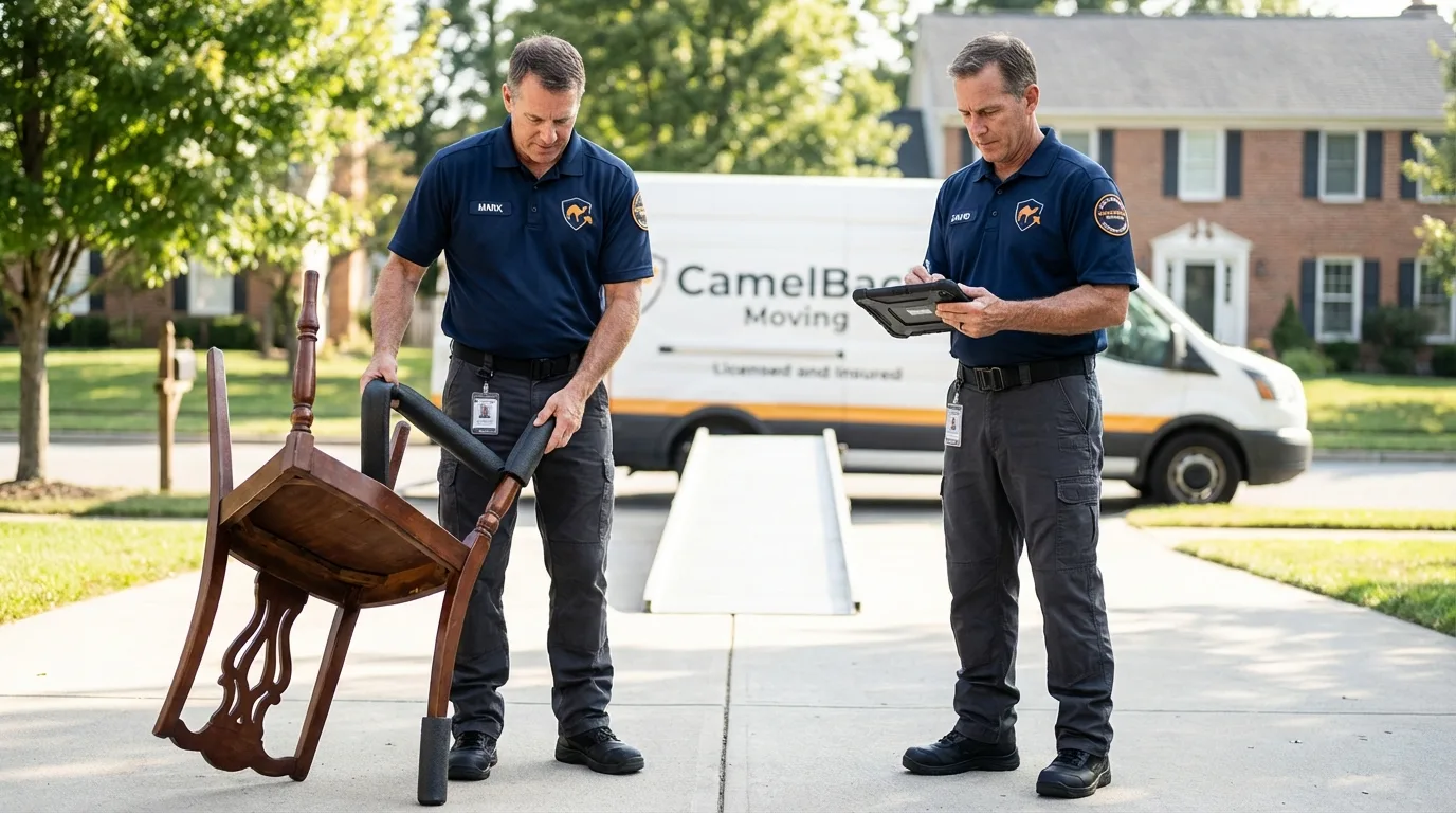 Movers inspecting furniture for damage prevention before loading in Byers, CO