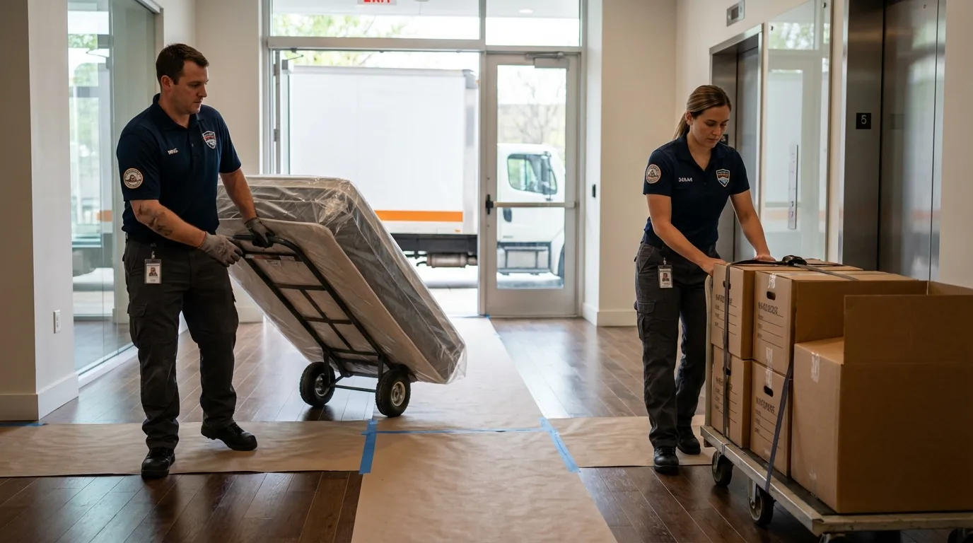 Professional apartment movers loading elevator in Byers, CO