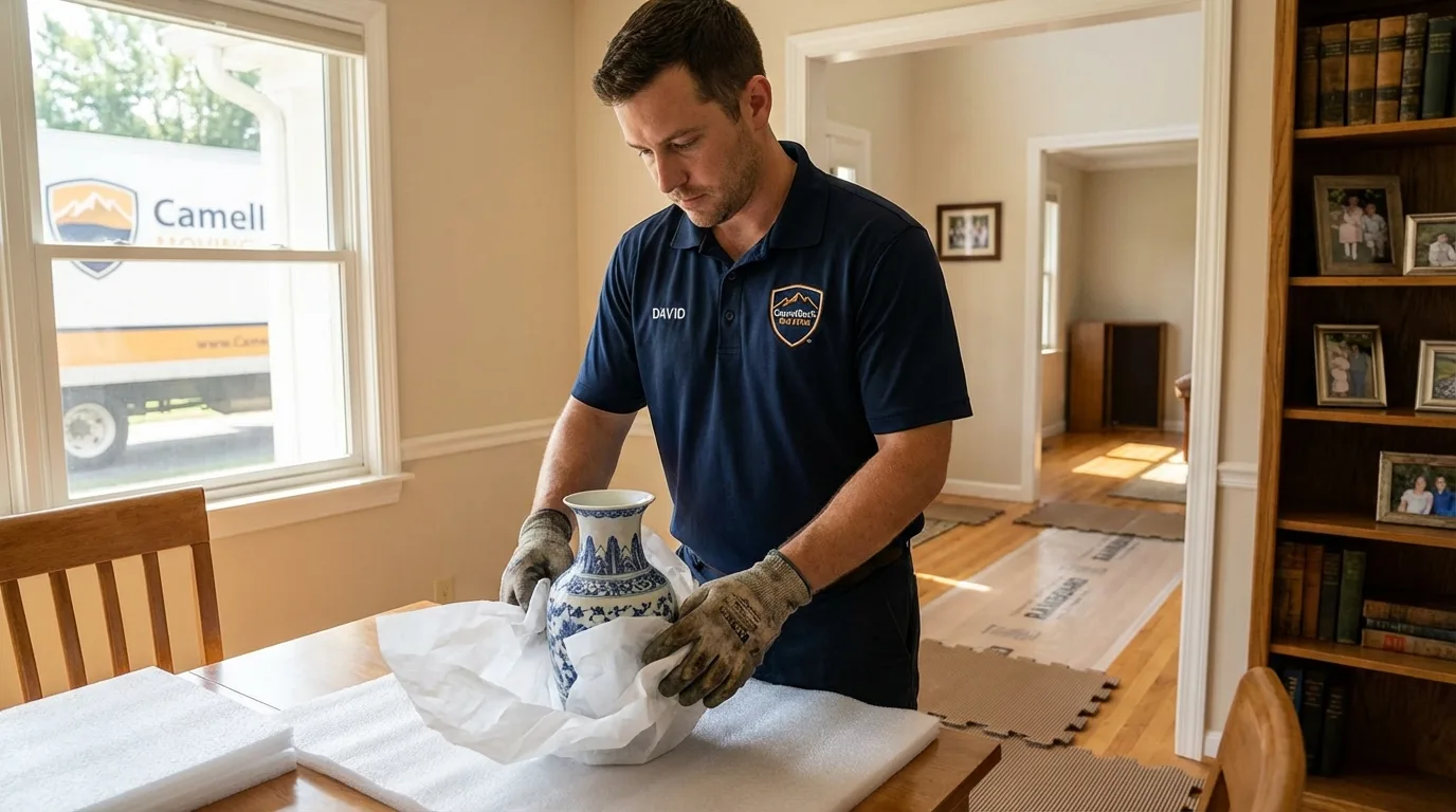Professional crew carefully wrapping antique vase for senior downsizing move in Byers, CO